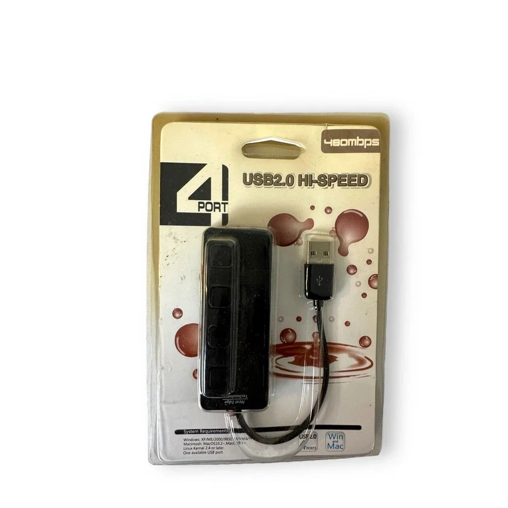 USB 2.0 Hub With Power Switch and LED 4 Port New in Package Black 480 Mbps
